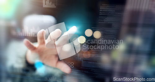 Image of Hand, code and programming with hologram, cyber security or digital software with connection. Person, coder and programmer with holographic, typing or coding with data analysis, futuristic or network