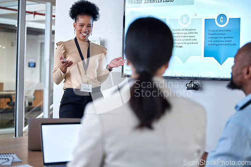 Image of Meeting, collaboration and businesswoman talking to a team in the office conference room. Discussion, presentation and professional female manager doing a corporate training workshop in the workplace