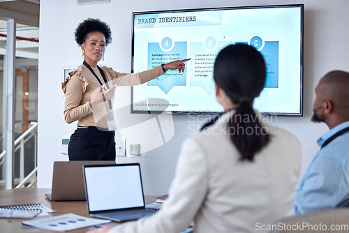 Image of Presentation, teamwork and businesswoman talking to colleagues in the office conference room. Discussion, meeting and professional female manager doing a corporate team building workshop in workplace