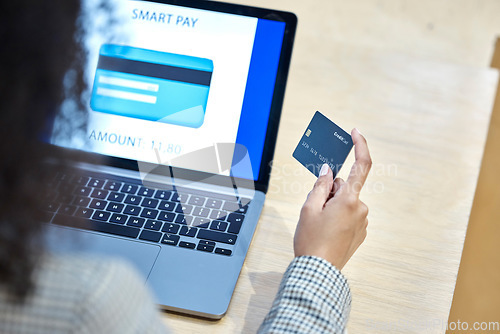 Image of Hand, credit card and laptop for woman in office with payment, online shopping and deal at desk from back. Entrepreneur, cyber security and computer with e commerce, discount or password on internet