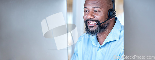 Image of Call center, black man and communication at computer for customer service, CRM and contact us on mockup space. Banner, face and happy male agent at desktop pc for telemarketing, consulting or support