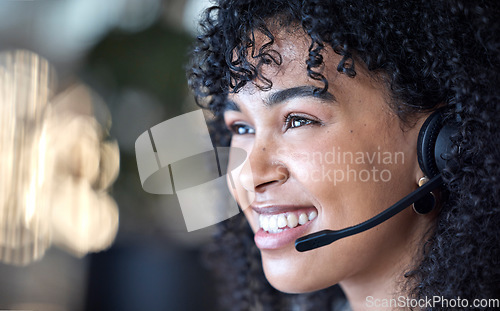 Image of Smile, call center and woman in office consulting in crm, telemarketing or customer service. Happy, face and lady consultant working in contact us, online support or help, advice or virtual assistant