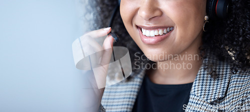 Image of Call center, woman and mouth talking for communication, customer service and CRM at computer with mockup space. Closeup, face and happy agent with microphone for telemarketing, consulting and support