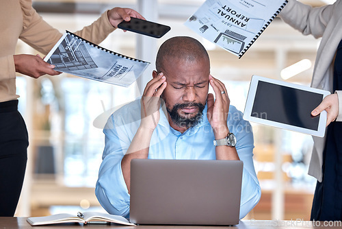 Image of Business man, overwhelmed and stress with busy hands, documents or tablet in modern office with chaos. African corporate leader, ceo or manager with stress, burnout or fatigue by laptop with headache