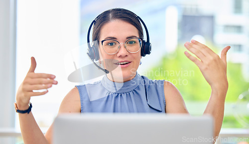 Image of Call center, speaking and woman, consultant or agent services, advice or customer support and consulting. Communication, professional face and person in virtual consultation, helping and web contact