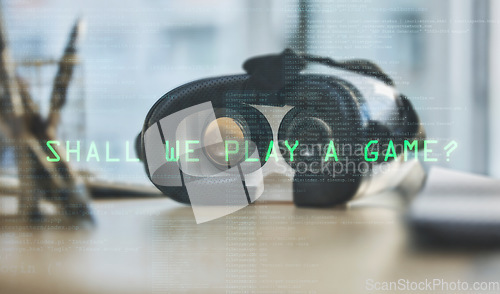 Image of VR, game and glasses on a desk with overlay for a metaverse, digital creativity and 3d gaming. Message, future or a headset for virtual reality, graphic experience or streaming entertainment