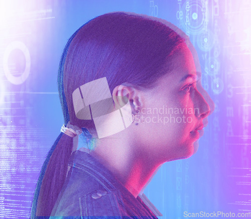 Image of Neon, hologram screen and face of woman in studio for cyberpunk, metaverse and user experience. Virtual reality, futuristic and profile of female person with software overlay for facial recognition