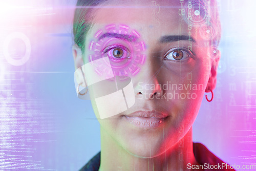 Image of Cyber security, face and eye of woman with biometric password in the metaverse, overlay and futuristic technology. Safety, digital and young person online for facial recognition or verification