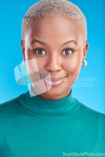 Image of Portrait, cosmetics and black woman with confidence, smile or pride in blue studio background. Beauty, face and african female with makeup and positive mindset for fashion for wellness or glow.