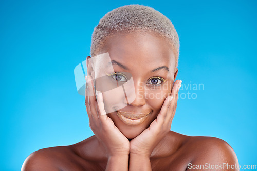 Image of Face, makeup portrait and happy black woman with aesthetic eyeliner, studio cosmetics and luxury skincare glow. Facial beauty confidence, wellness smile and female African model on blue background.