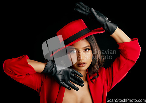 Image of Woman, retro spy and glamour art portrait in studio with vintage fashion and cosplay agent. Young female person, black background and luxury style with cosmetics, clothes and model with confidence