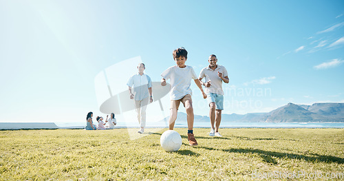 Image of Family, soccer and men with ball in a park for fun, playing and bonding in nature on blue sky background. Sports, games and boy child with father and grandfather outdoors for weekend football match