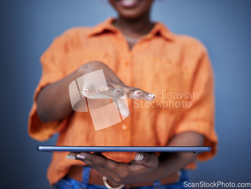 Image of Hand, invisible or woman with futuristic tablet for online info on wall background for research on internet. Biometric, gesture or closeup of user with data access or information for connectivity