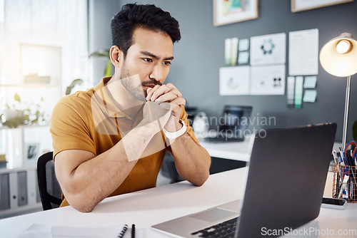 Image of Technology, businessman thinking and with laptop in his modern office with a lens flare. Connectivity or online communication, planning or idea and man at his desk reading an email or data review