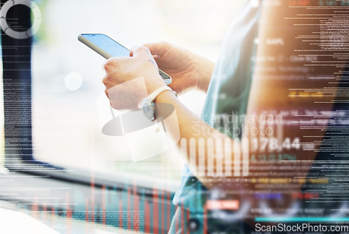 Image of Hands, woman and double exposure with phone in closeup scrolling for information or trader. Typing, broker employee and tech with person reading on app for forex or stock market with digital data