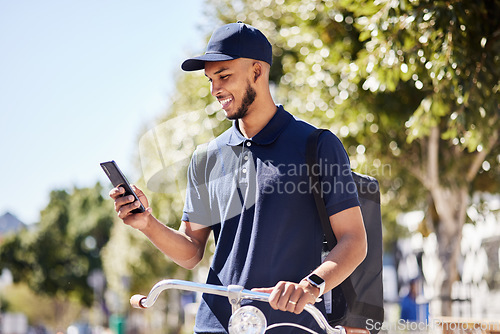 Image of City travel, phone or happy man, delivery and courier check destination, map or location on bicycle route. Sustainable bike transportation, mobile shipping app and person smile for outdoor direction