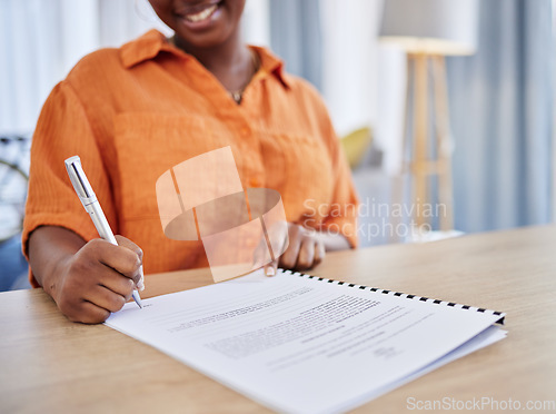 Image of Woman, hands and signing or writing contract, form or application of document or paperwork at home. Hand of female person filling life insurance, legal agreement or survey for hiring, deal or finance