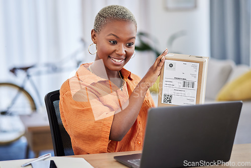 Image of Logistics, business and black woman on laptop for video call, discussion and delivery startup ideas. Online presentation, supply chain and worker on computer for webinar, conference and communication