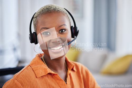 Image of Black woman, call center and portrait with headphones for consulting, telemarketing or working remote at home. Face of happy African female person, consultant or agent with headset for online advice