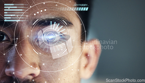 Image of Scan hologram, eyes and face of man of biometric data, cybersecurity and futuristic technology. Holographic portrait, identity software and person with future or digital facial recognition overlay