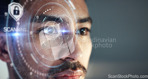 Image of Asian man, scanning eye and biometrics for futuristic cyber security on mockup space at the office. Face of male person in future facial recognition for digital access, identification or verification