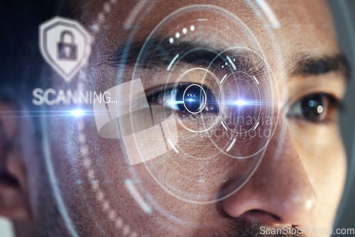 Image of Scanning hologram, eyes and man with futuristic technology, biometric data or laser cybersecurity. Holographic lock, identity software and person focus, future or digital facial recognition overlay