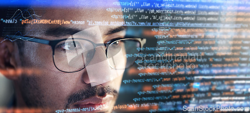 Image of Computer, coding hologram and man in data analytics, information technology overlay or html at night. Programmer or IT person in glasses reading software script, programming or cybersecurity research