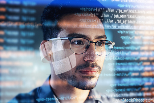 Image of Software, coding hologram and man thinking of data analytics, night cybersecurity and 3d screen overlay. Programmer or IT person in glasses reading html script, programming and cybersecurity research