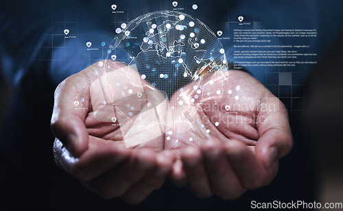 Image of Hands, global network and future technology hologram for communication, networking or ai. Earth, globe or 3d virtual world for cyber security, cloud computing or innovation in digital data hacking