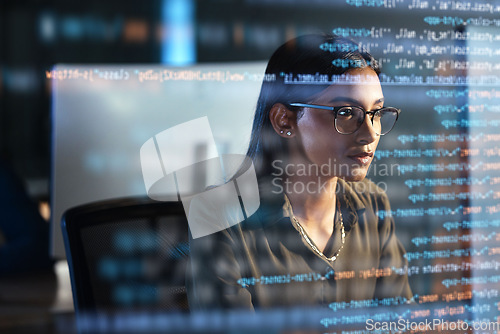 Image of Computer, hologram and woman coding for data analysis, information technology overlay and night html. Programmer or IT person in glasses reading software script, programming or cybersecurity research