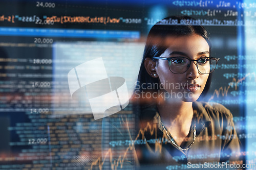 Image of Software, coding hologram and woman in data analytics, information technology and gdpr overlay. Programmer or IT person in glasses reading script, programming and cybersecurity research on computer