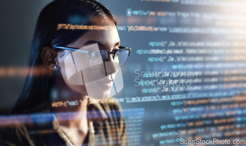 Image of Software, data hologram and woman with code analytics, information technology and gdpr overlay. Programmer coding or IT person in glasses reading html script, programming and cyber security research