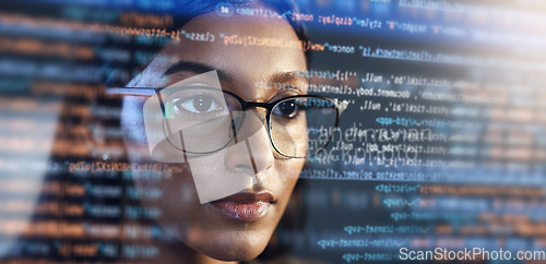Image of Data analysis, hologram and woman for coding software, information technology and night overlay. Programmer code or IT person in glasses reading html script, programming and cyber security research