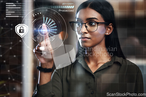 Image of Woman, fingerprint scan and biometrics at night for futuristic cyber security, hologram or dashboard at office. Hand of female person in recognition for digital access, identification or verification