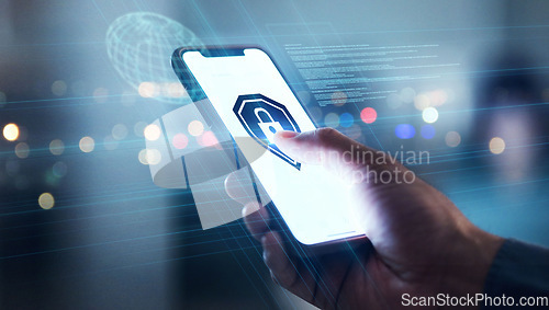Image of Cyber security, hand and phone with safety lock system for network, information or data. Person with icon on personal smartphone screen for privacy, antivirus or hacking and fraud or access control