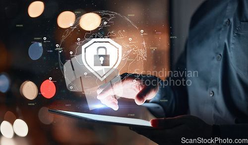 Image of Cyber security, hand and tablet hologram with safety lock for network, information or data. Person with global icon on technology screen for privacy, antivirus or hacking and fraud or access control