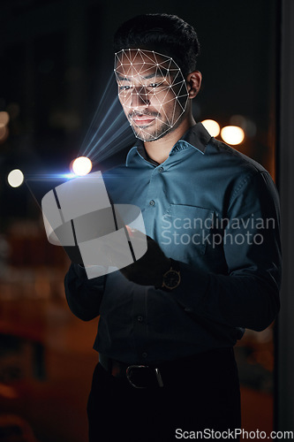 Image of Asian man, tablet and facial recognition at night in biometrics for access, verification or identification at office. Businessman working late with technology and scanning face for cyber security