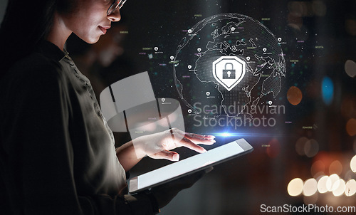 Image of Tablet, cyber security hologram and woman for global data safety, software development and worldwide coding. Holographic, overlay and business person on digital technology, lock icon and night bokeh