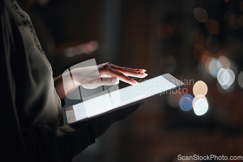 Image of Woman, hands and tablet mockup at night for networking, social media or advertising at the office. Closeup of female person or employee working late on technology display or screen for online search