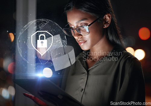 Image of Tablet, global security and woman in hologram for data safety, software password and worldwide database. Cybersecurity, overlay and business person with digital technology, lock icon and night bokeh