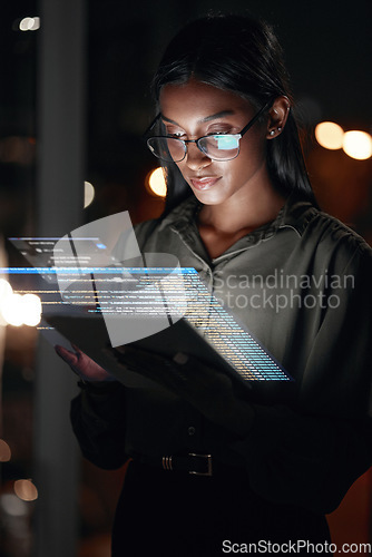 Image of Woman, tablet and hologram at night in web design with dashboard, interface or hud display at the office. Female person, employee or developer working late on futuristic technology or code overlay