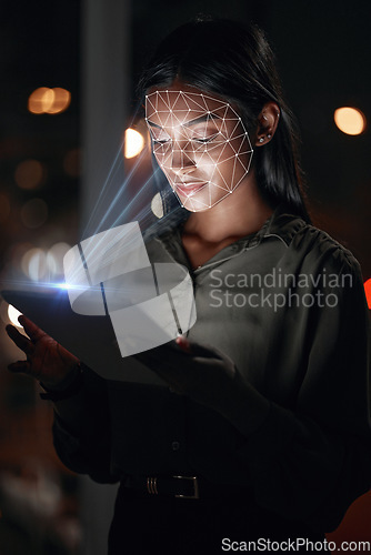 Image of Woman, tablet and facial recognition at night in biometrics for access, verification or identification at office. Female person or employee working late on technology, scanning face or cyber security