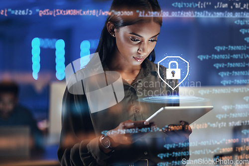 Image of Tablet, lock security and woman in hologram for data safety, software, password or coding in information technology. Cybersecurity, html overlay and person for digital analytics and research of gdpr