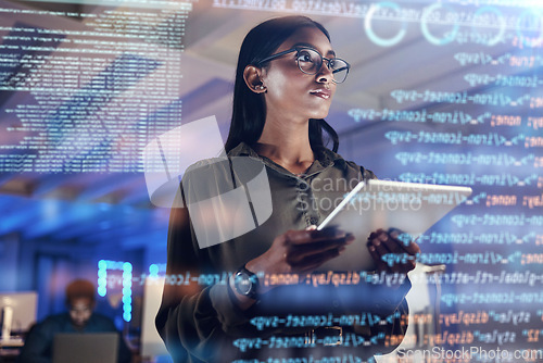 Image of Software, coding hologram and woman on tablet thinking of data analytics, digital technology and night overlay. Programmer or IT person in glasses on 3d screen, programming and cybersecurity research