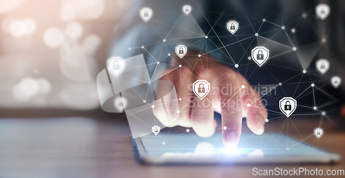 Image of Tablet, data protection and person in hologram for cyber security, software password and fingerprint code. Cybersecurity, lock safety and people hands, digital technology, connection and gdpr overlay