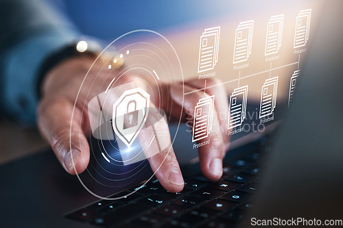 Image of Cyber security, hand and document encryption on laptop with hologram and safety lock icon. Person with tech for privacy, hacking and access control shield programming for info, database or archive