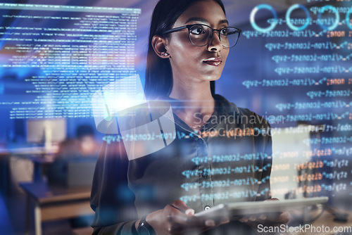 Image of Thinking, code hologram and woman with tablet data analysis, digital technology and software overlay at night. Programmer or Indian person with 3d screen, programming stats and cybersecurity research