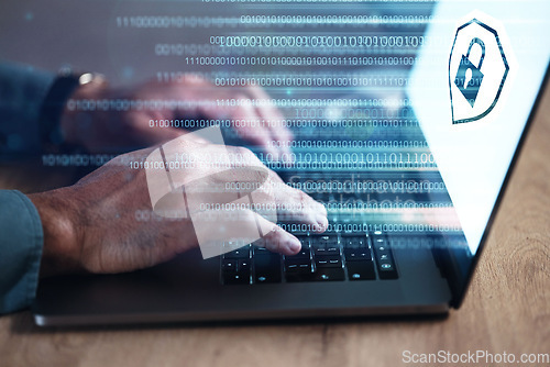 Image of Hands, programmer on laptop and hologram for cyber security, software or binary code. IT, typing and developer with keyboard, gdpr lock and data protection for networking, cloud computing and closeup
