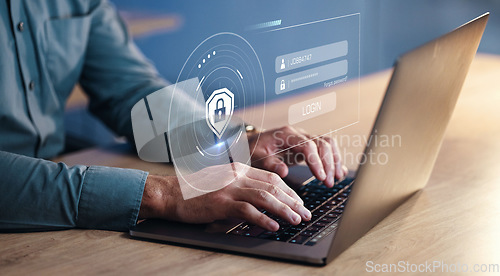 Image of Hands, developer on laptop and hologram for login, cyber security software or code. IT, typing and programmer with keyboard, lock overlay or cryptography for data safety, information technology or ui