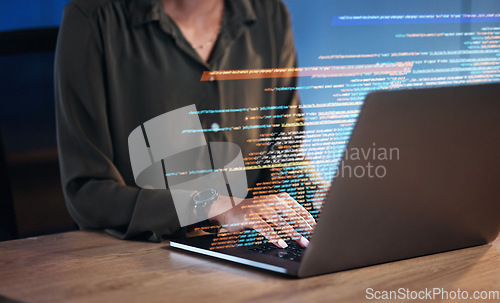 Image of Laptop, coding hologram and business woman for software development, programming and cybersecurity in night office. Typing, research and programmer or IT person hands on computer in data html overlay